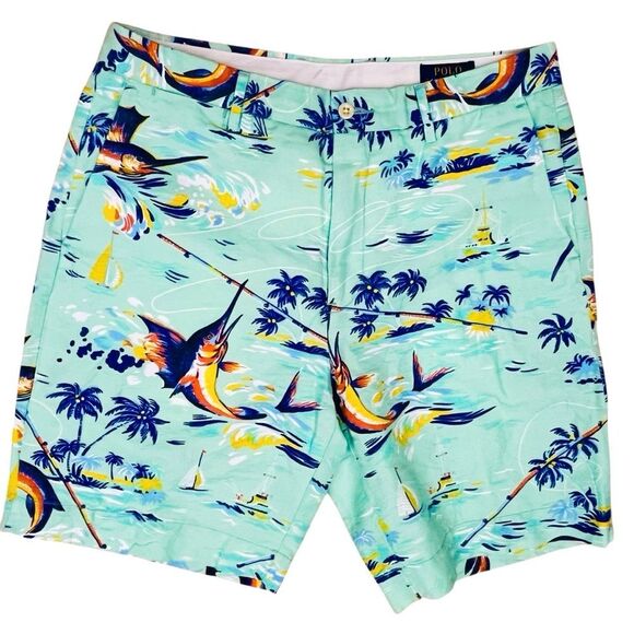 Polo Ralph Lauren Linen Blend Hawaiian Sword Fish Sail Boat Mint Shorts 32x9NWOT - Picture 1 of 12